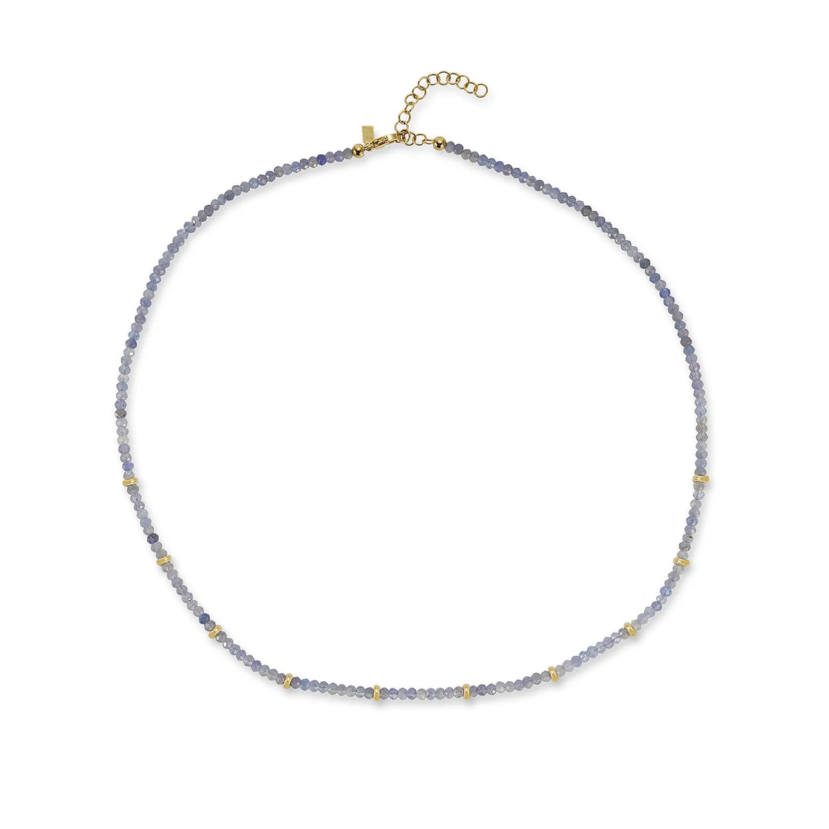 EF-Collection Birthstone Bead Necklace In Tanzanite in yellow gold on white background 
