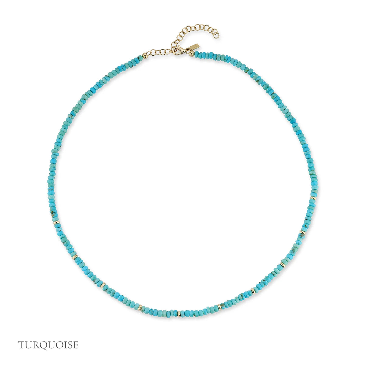 EF-Collection Birthstone Bead Necklace In Turquoise in yellow gold on white background with label