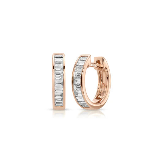 EF-Collection Channel Set Diamond Baguette Huggie Earrings in rose gold on a white background 