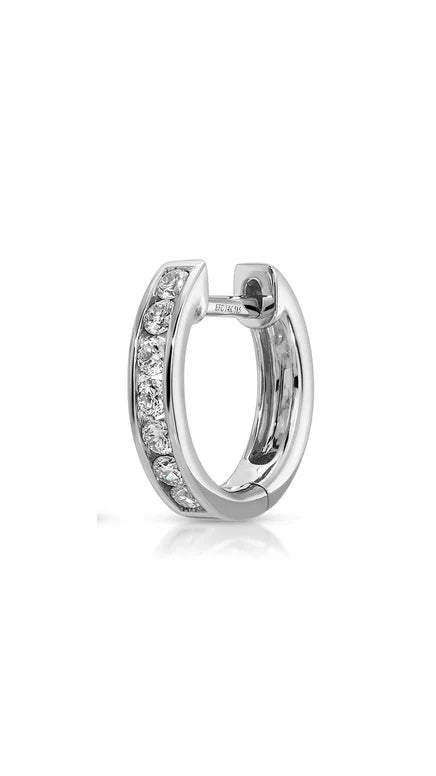 Single EF-Collection Channel Set Diamond Huggie Earrings in white gold on white background 