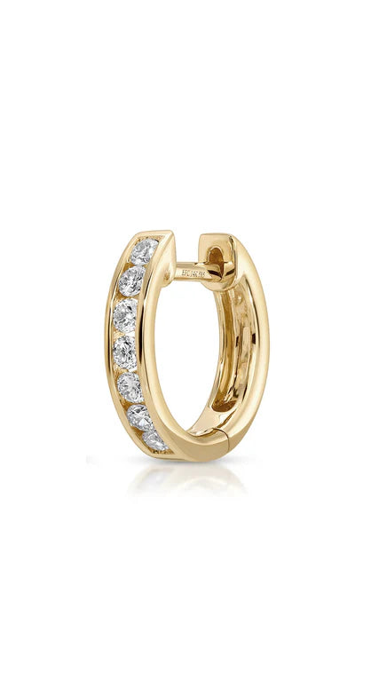 Single EF-Collection Channel Set Diamond Huggie Earrings in yellow gold on white background 