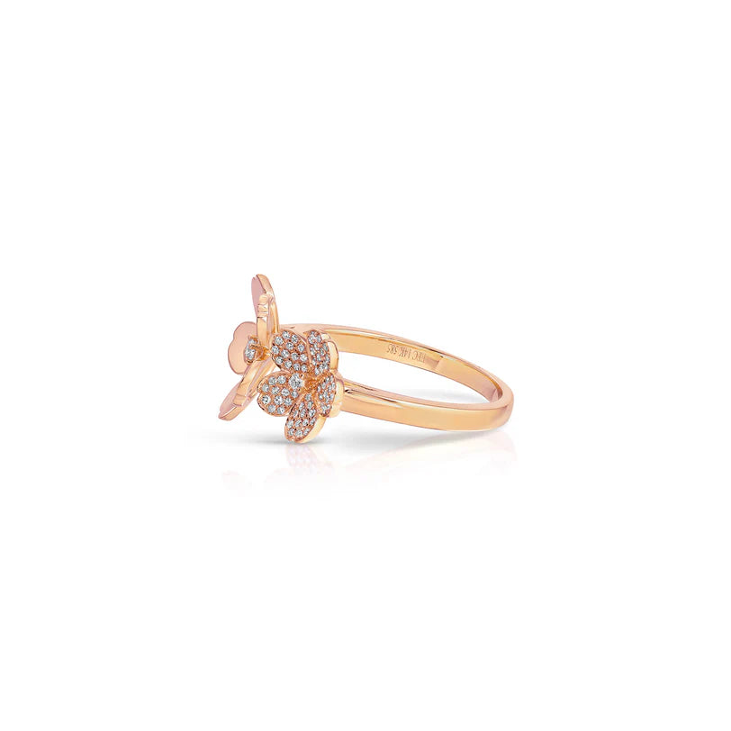 EF-Collection Diamond and Gold Double Cherry Blossom Ring in rose gold on white background from the side 