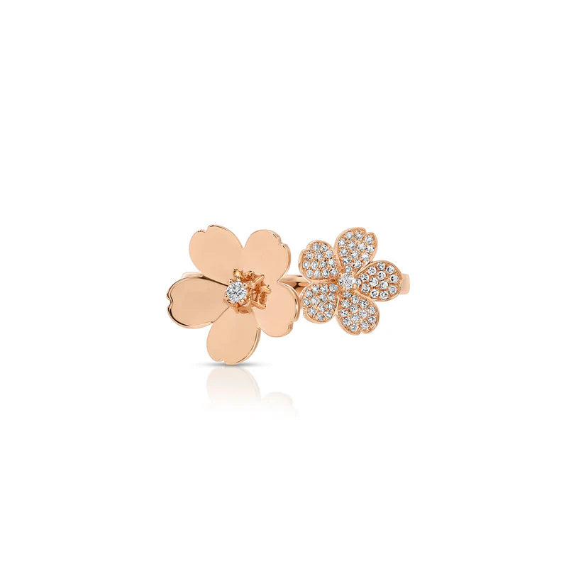 EF-Collection Diamond and Gold Double Cherry Blossom Ring in rose gold on white background 