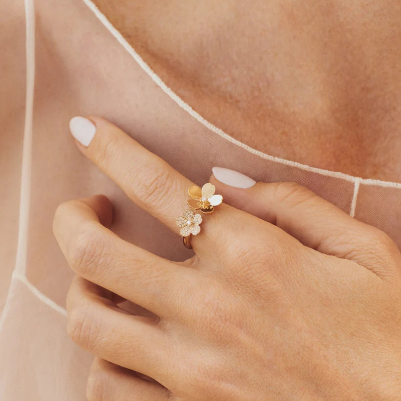 EF-Collection Diamond and Gold Double Cherry Blossom Ring in yellow gold styled on models finger