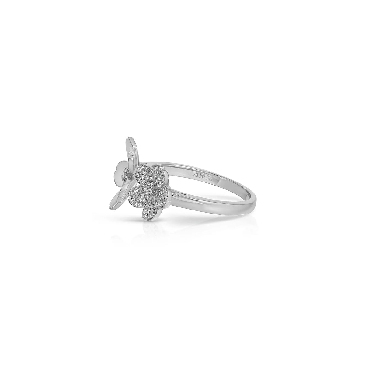 EF-Collection Diamond and Gold Double Cherry Blossom Ring in white gold on white background from the side 