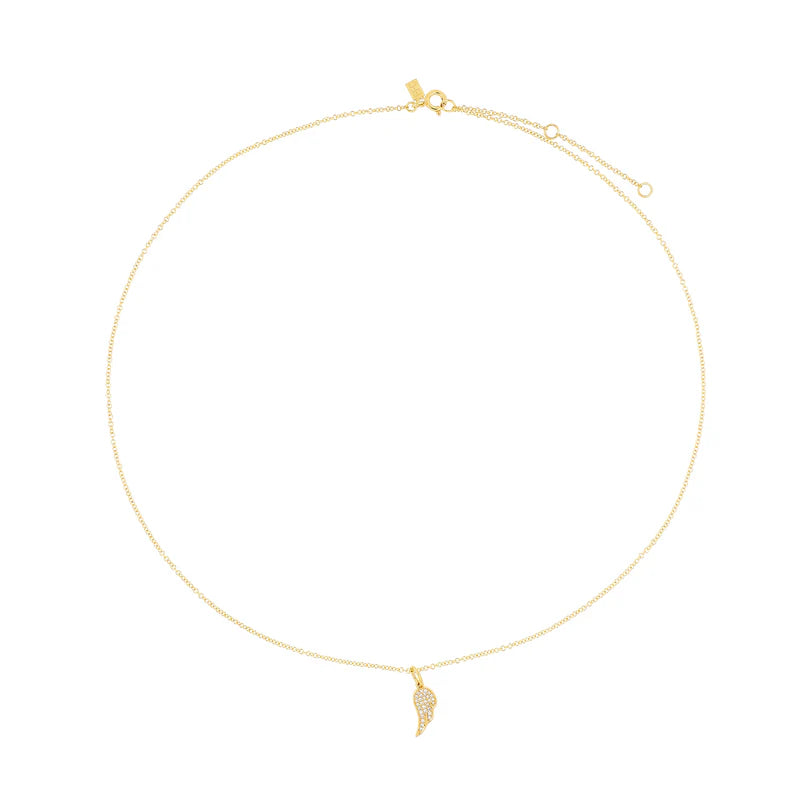 Full picture of EF Collection Diamond Angel Wing Necklace in yellow gold on white background. 