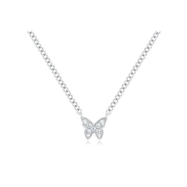 EF Collection Diamond Baby Butterfly Necklace in white gold on white background. 