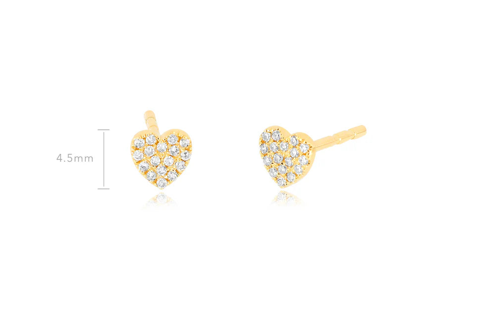 EF Collection Diamond Baby Heart Stud Earring in yellow gold on white background with dimensions. 
