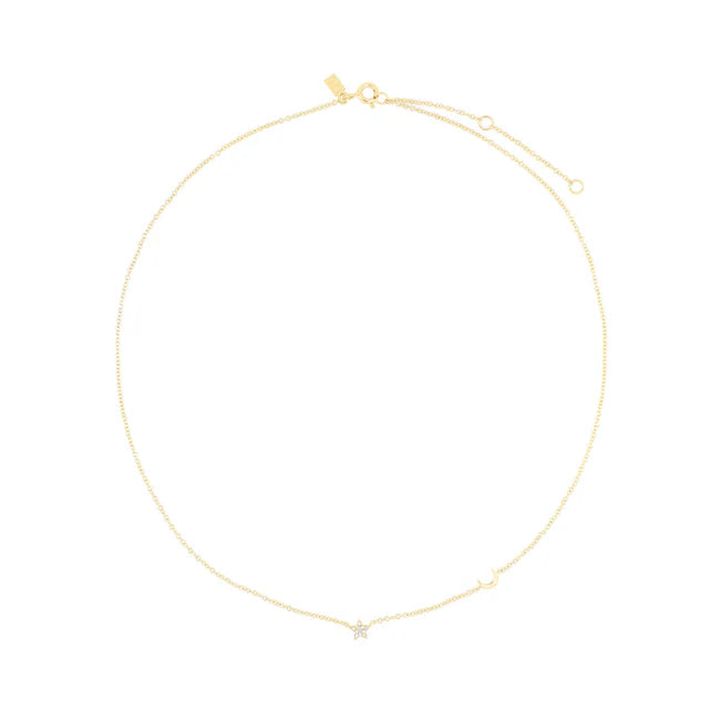 Full photo of EF Collection Diamond Baby Star & Gold Moon Necklace in yellow gold on white background. 