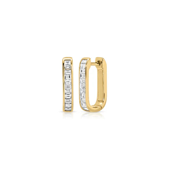 EF-Collection Diamond Baguette Jumbo Lola Hoop Earring in yellow gold on white background 