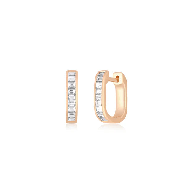 Ef collection Diamond Baguette Jumbo Lola Huggie Earring in rose gold displayed on a white background. 