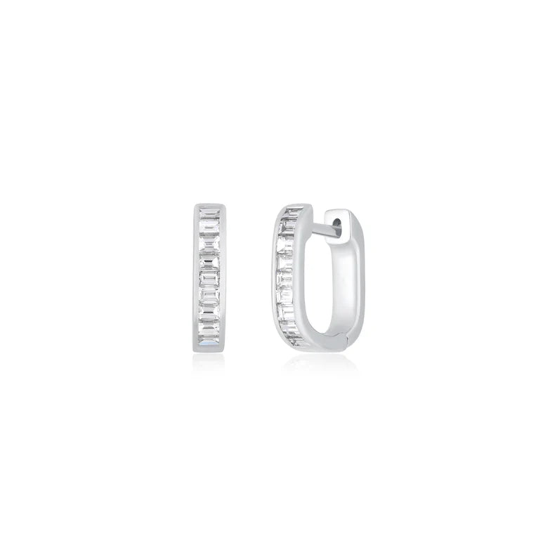 Ef collection Diamond Baguette Jumbo Lola Huggie Earring in white gold displayed on a white background. 