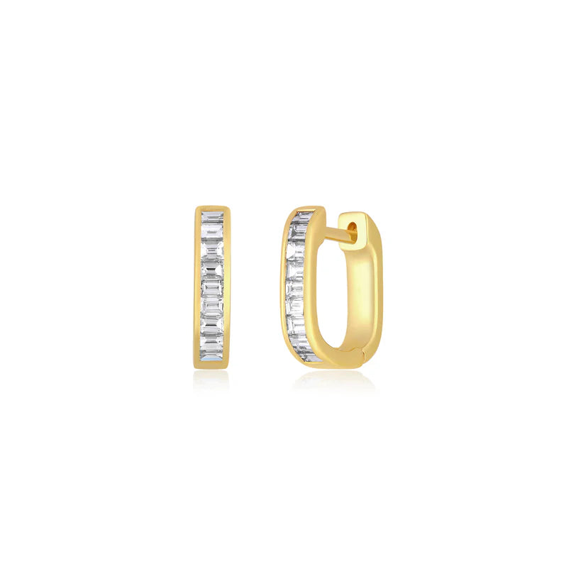 Ef collection Diamond Baguette Jumbo Lola Huggie Earring in yellow gold displayed on a white background. 