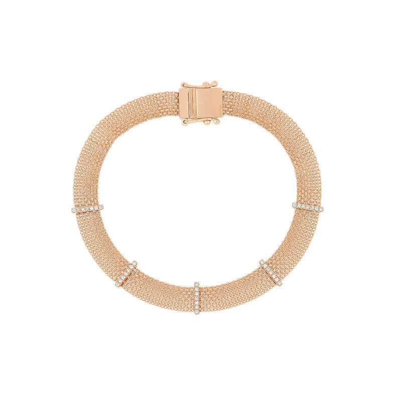 EF Collection Diamond Bar Mesh Bracelet in rose gold on white background. 