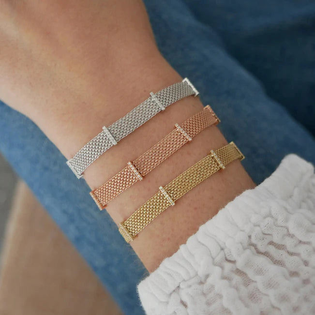 EF Collection Diamond Bar Mesh Bracelet in yellow, white, and rose gold on models wrist 