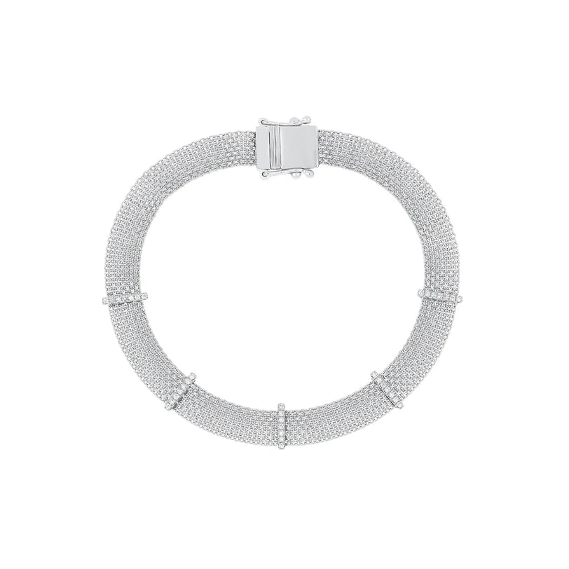 EF Collection Diamond Bar Mesh Bracelet in white gold on white background. 