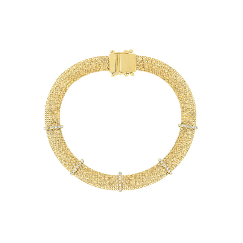 EF Collection Diamond Bar Mesh Bracelet in yellow gold on white background. 