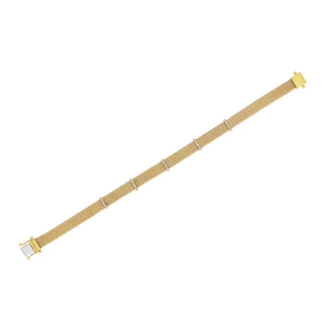 Full photo of EF Collection Diamond Bar Mesh Bracelet in yellow gold on white background. 