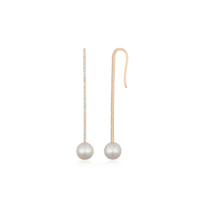 EF Collection Diamond Bar Pearl Drop Earring in rose gold on white background. 