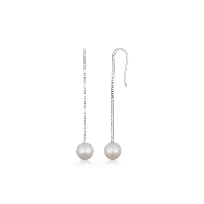 EF Collection Diamond Bar Pearl Drop Earring in white gold on white background. 