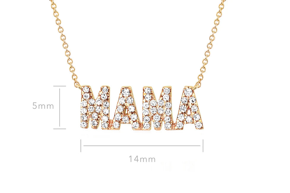 Close up of EF Collection Diamond Block Mama Necklace in yellow gold on white background. 