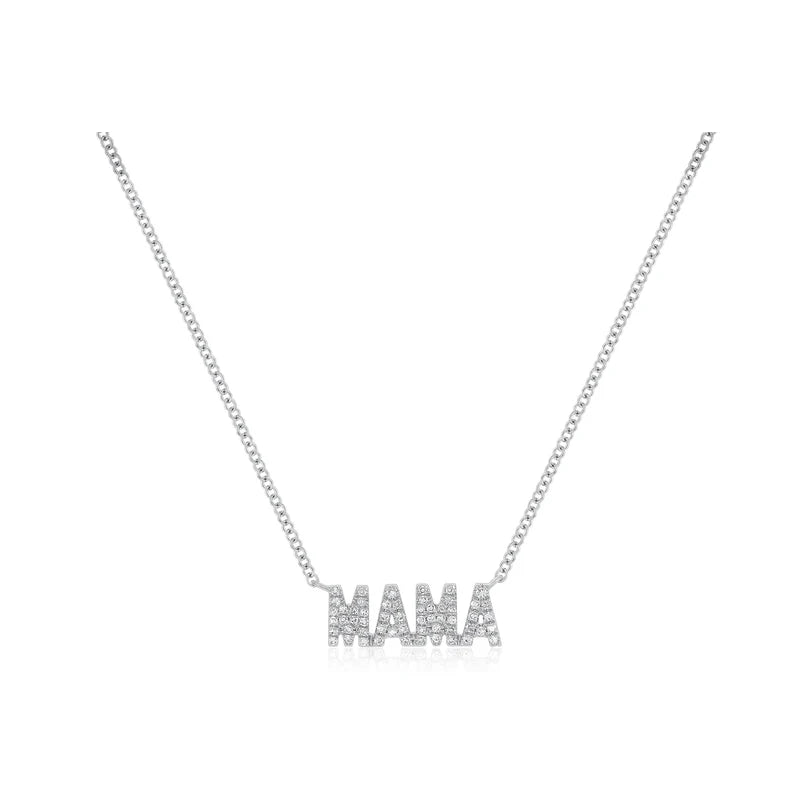EF Collection Diamond Block Mama Necklace in white gold on white background. 