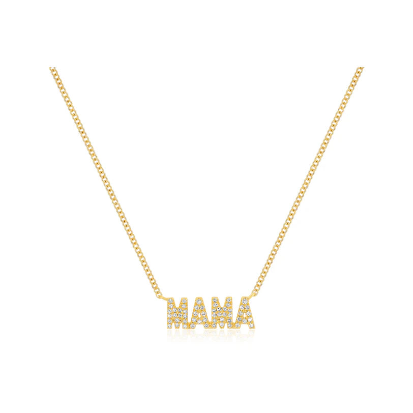 EF Collection Diamond Block Mama Necklace in yellow gold on white background. 