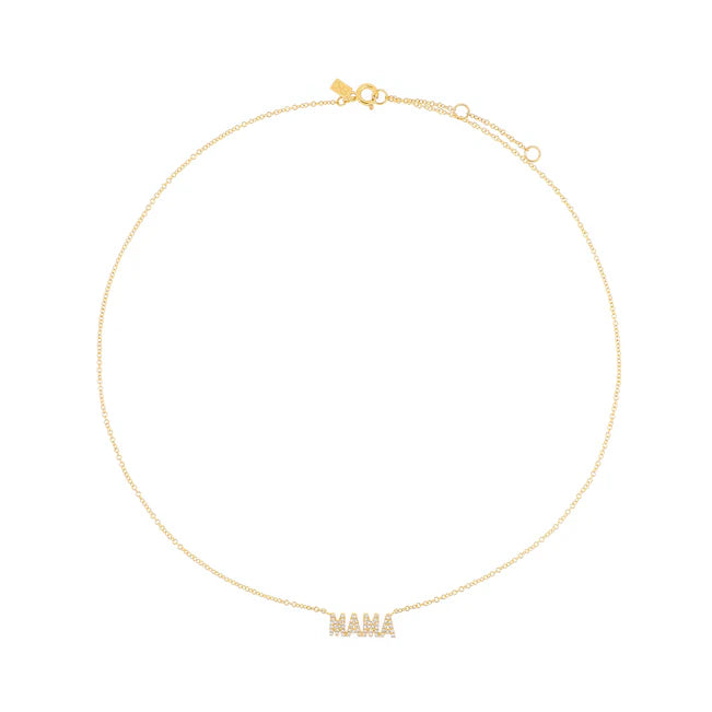 Full photo of EF Collection Diamond Block Mama Necklace in yellow gold on white background. 
