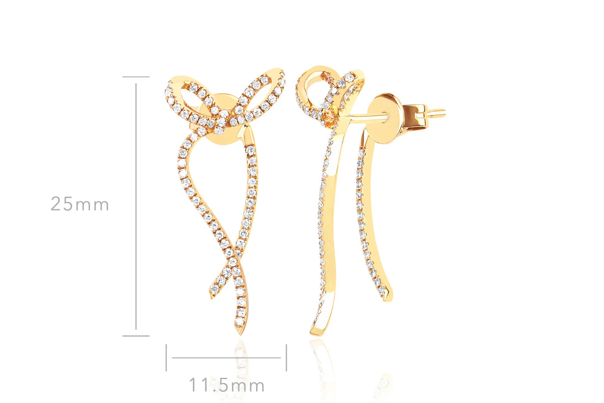 EF-Collection Diamond Bow Earrings in yellow gold on white background with dimensions 