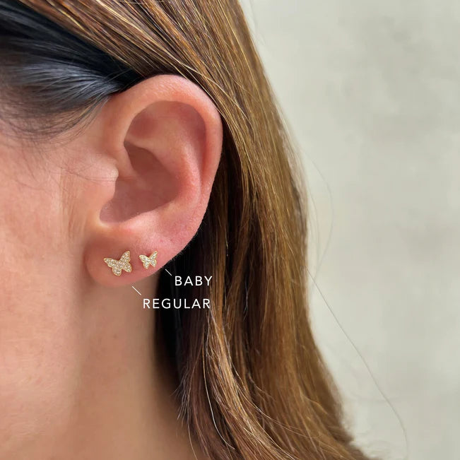 EF Collection Diamond Butterfly Stud Earring in yellow gold on models ear comparing both butterfly stud sizes. 