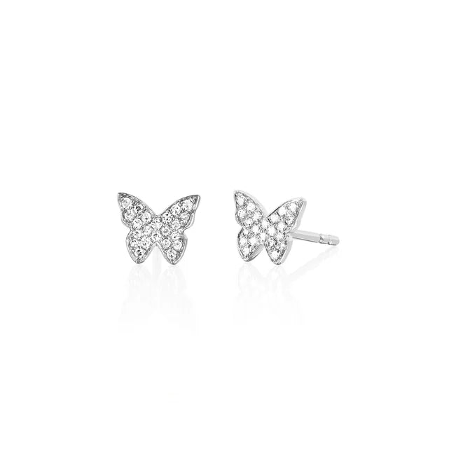 EF Collection Diamond Butterfly Stud Earring in white gold on white background. 