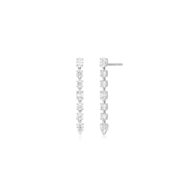 EF Collection Diamond Carrie Drop Stud Earrings in white gold on white background. 