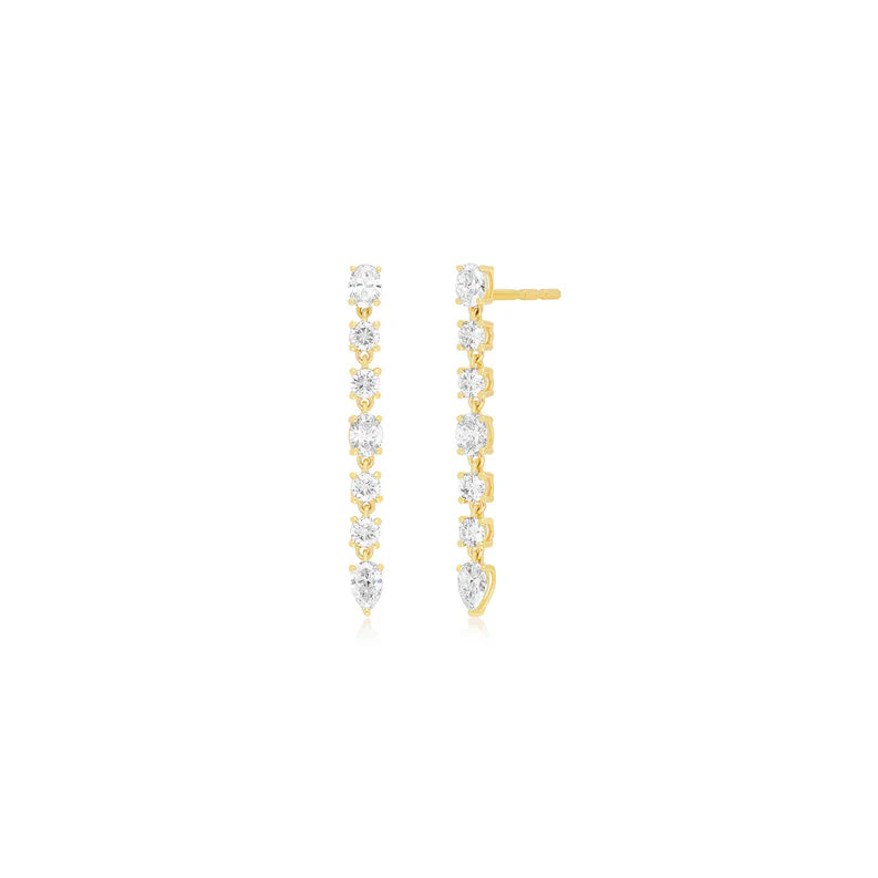 EF Collection Diamond Carrie Drop Stud Earrings in yellow gold on white background. 