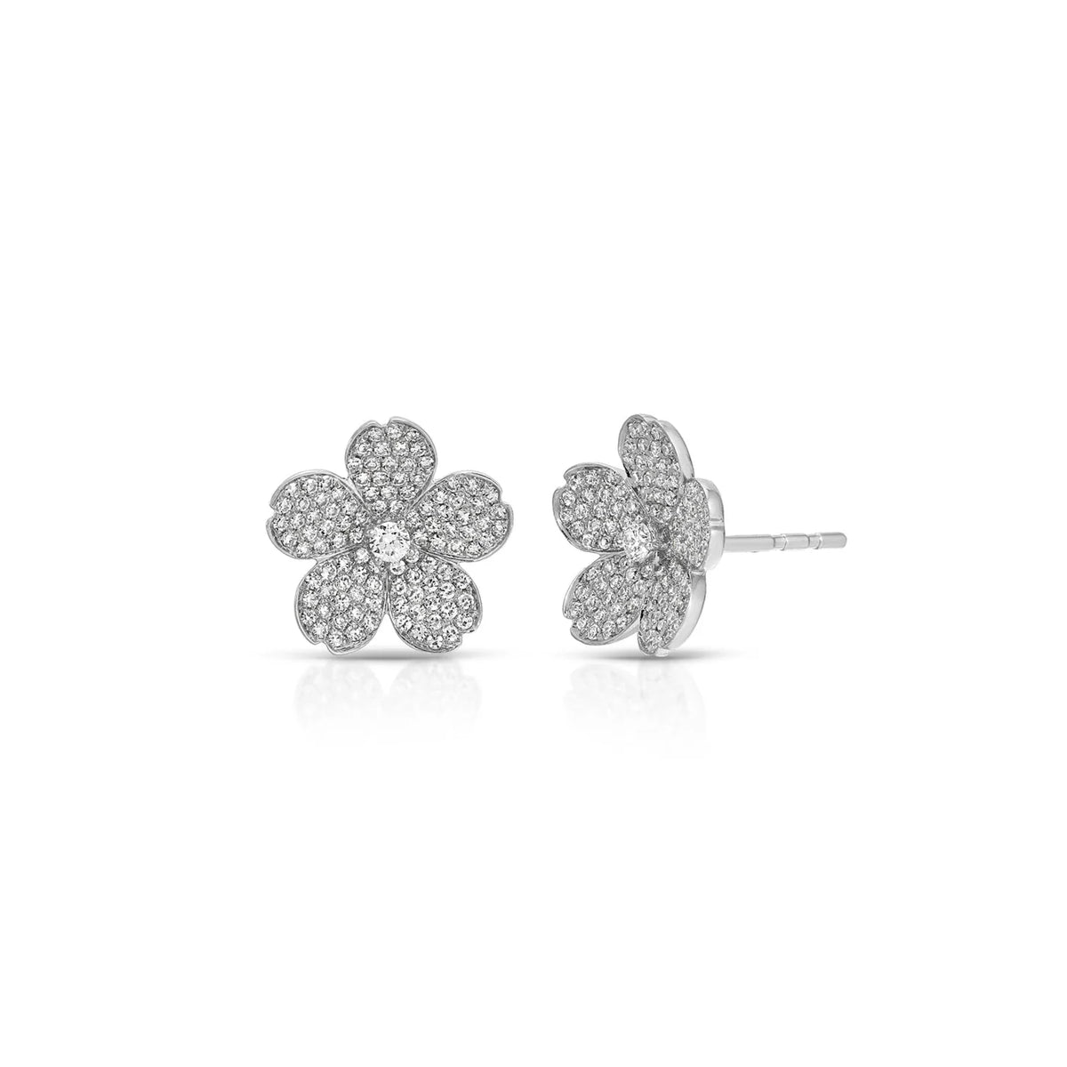 EF Collection Diamond Cherry Blossom Stud Earrings in white gold on white background. 