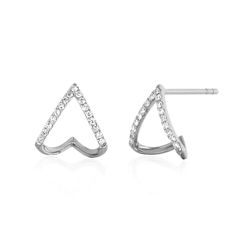 EF Collection Diamond Chevron Huggie Earrings in white gold on white background.