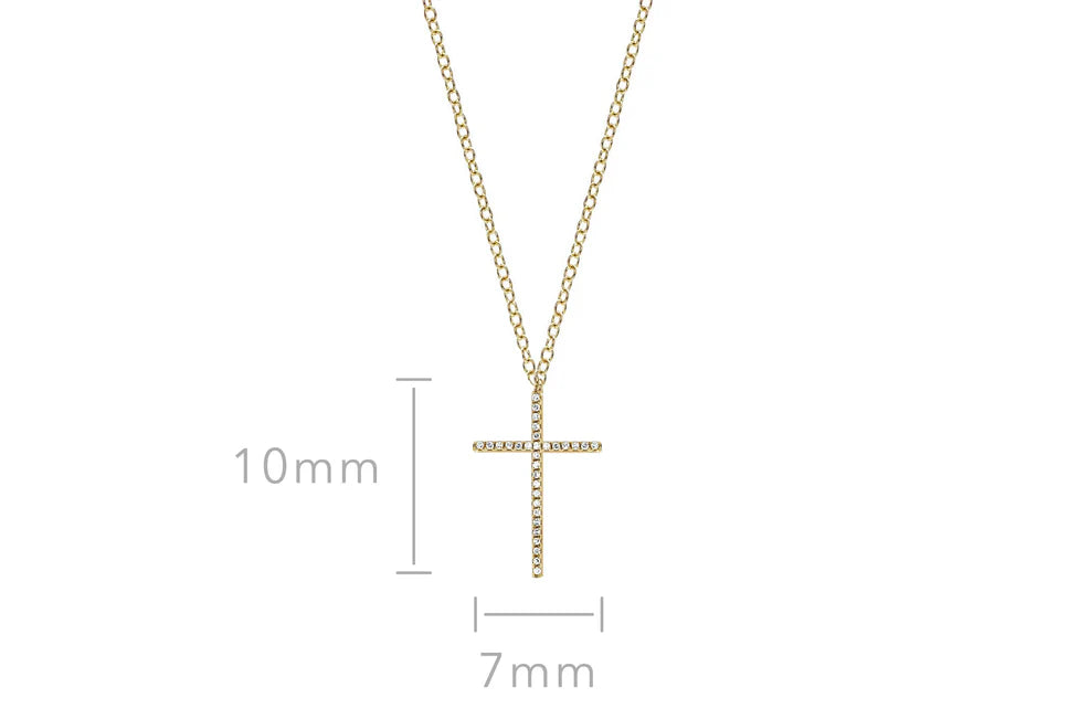 EF Collection Diamond Cross Necklace in yellow gold on white background with dimensions. 