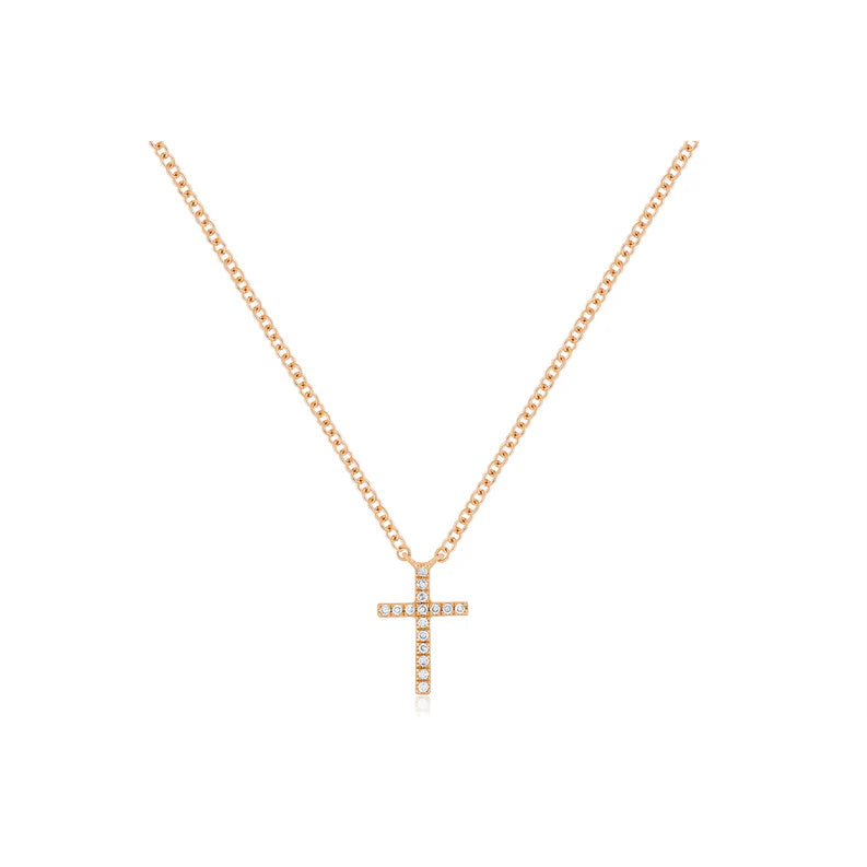 EF Collection Diamond Cross Necklace in rose gold on white background. 