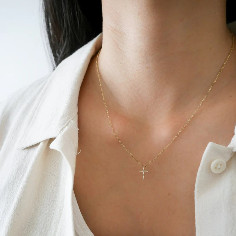 Single EF Collection Diamond Cross Necklace in yellow gold on models neck