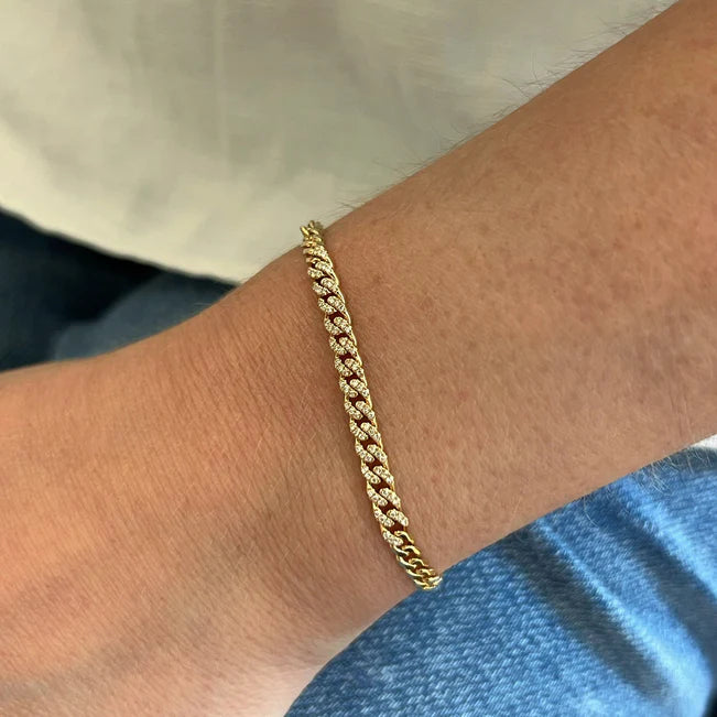 Single EF Collection Diamond Curb Chain Bracelet in yellow gold on models wrist 