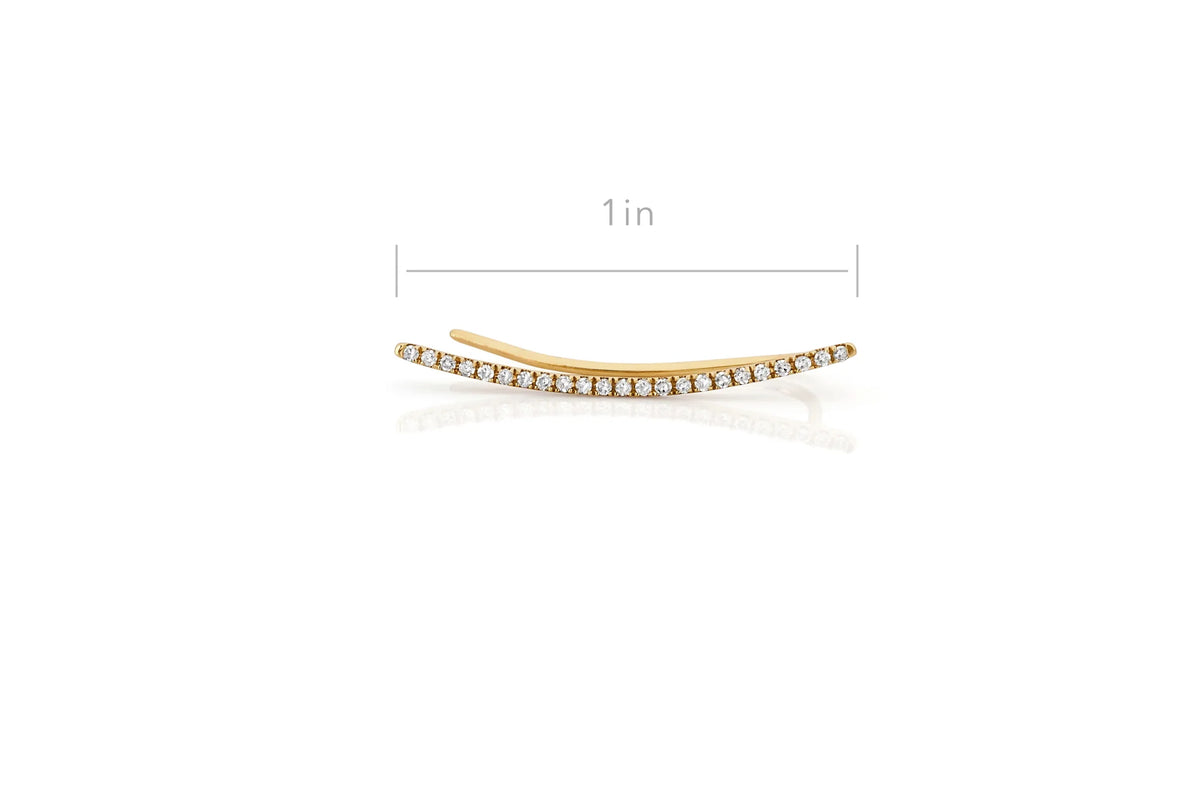 EF-Collection Diamond Curved Bar Ear Climber Earring in yellow gold on white background with dimensions