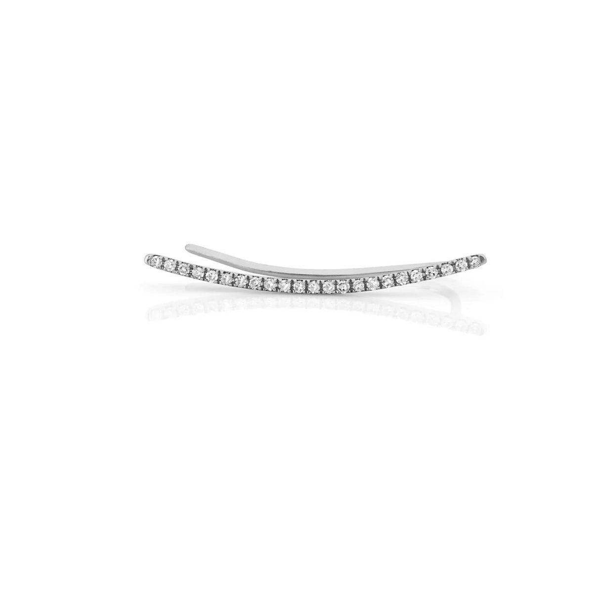 EF-Collection Diamond Curved Bar Ear Climber Earring in white gold on white background