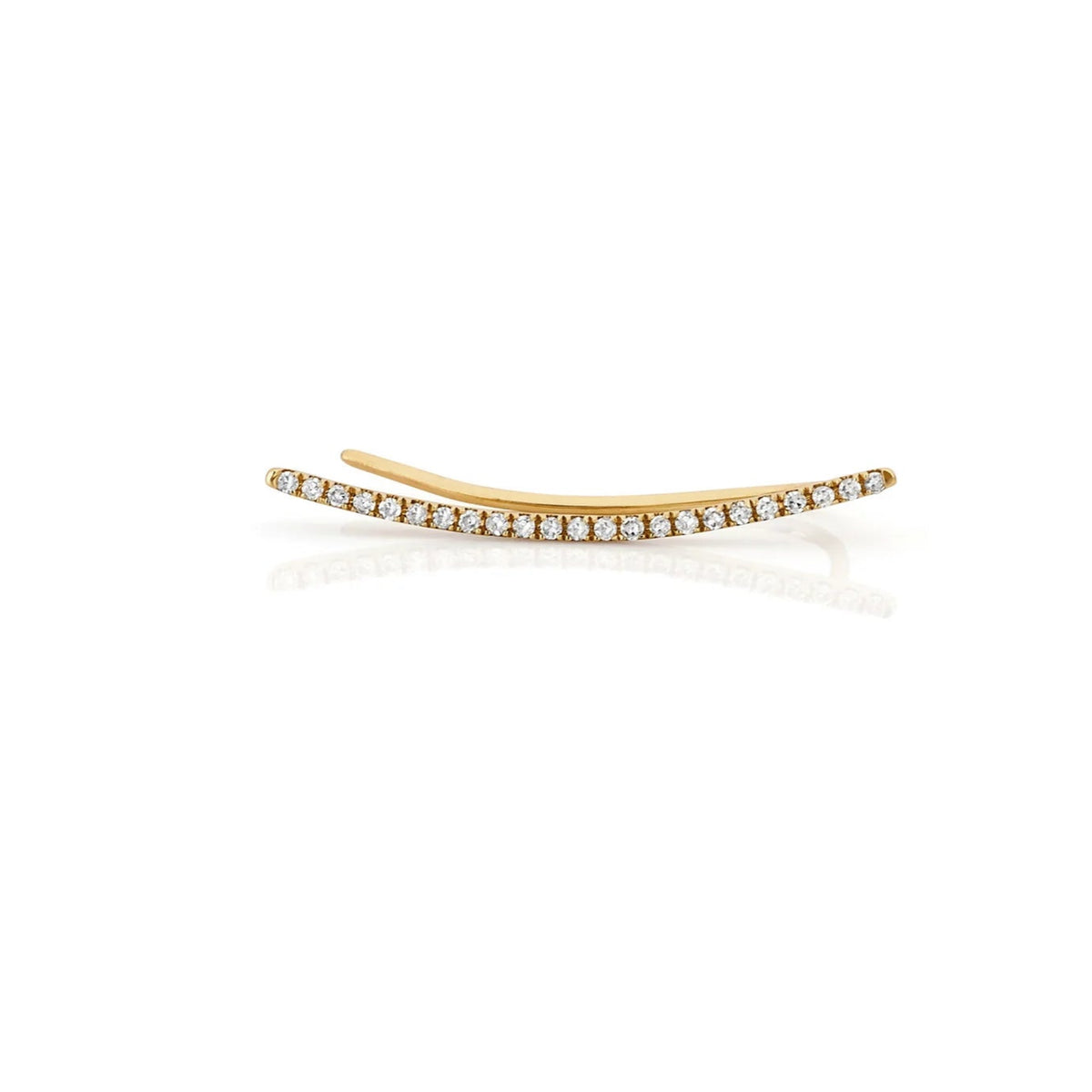 EF-Collection Diamond Curved Bar Ear Climber Earring in yellow gold on white background 