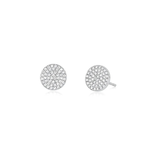 EF Collection Diamond Disc Stud Earrings in white gold on white background. 