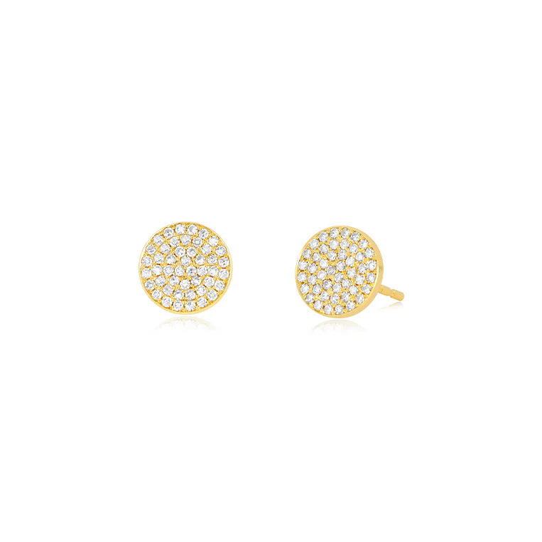 EF Collection Diamond Disc Stud Earrings in yellow gold on white background. 