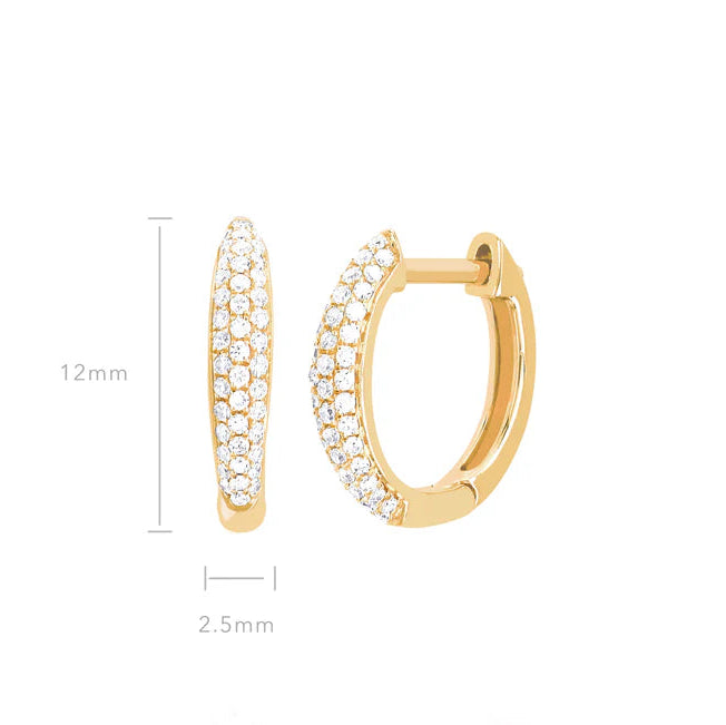 EF Collection Diamond Dome Huggie Earrings in yellow gold on white background with dimensions 