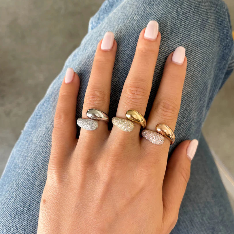 EF Collection Diamond Dome Ring in white, yellow, and rose gold on white background. 
