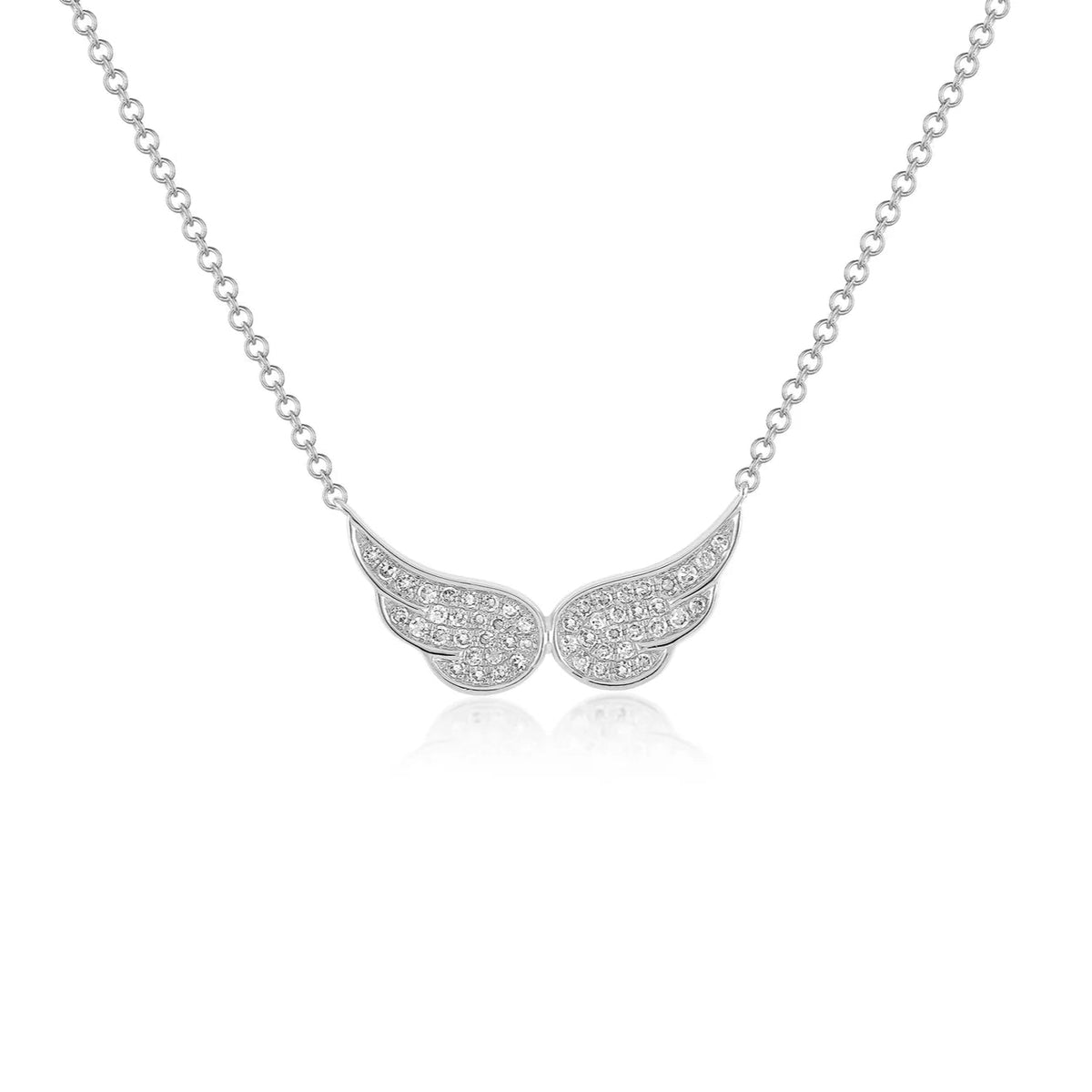 EF-Collection Diamond Double Angel Wing Necklace in white gold on white background 