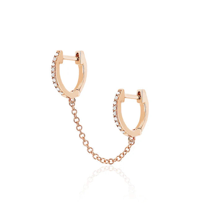 EF-Collection Diamond Double Mini Huggie Chain Earring in rose gold on white background. 