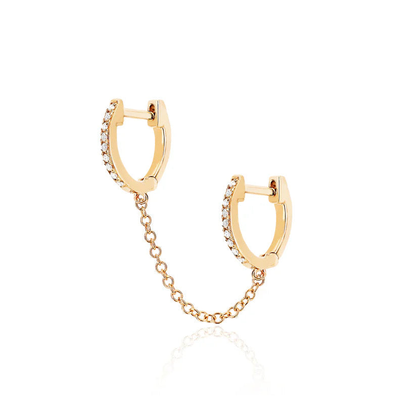 EF-Collection Diamond Double Mini Huggie Chain Earring in yellow gold on white background. 
