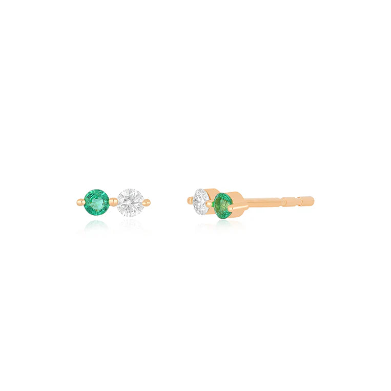 EF Collection Diamond & Emerald Double Stud Earring in rose gold in white background. 